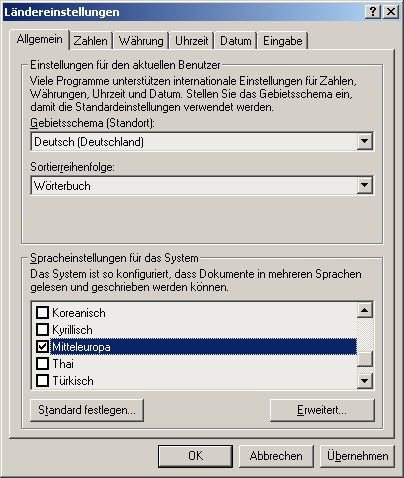 Systemsteuerung: L�ndereinstellungen: Spracheinstellungen f�r das System