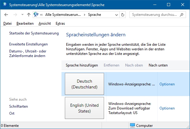 Start > Systemsteuerung > Sprache