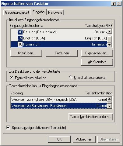 Systemsteuerung: Tastatur: Tastaturlayout